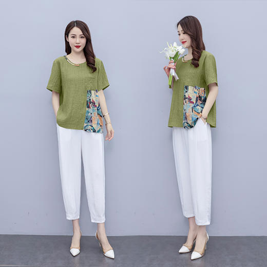 现货时尚套装，女夏装新款气质修身休闲洋气印花垂感裤两件套HR-SLF8137-1-1 商品图2