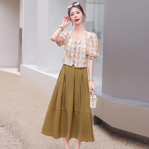 舒适棉麻，格子刺绣泡泡袖方领短袖上衣+纯色半裙套装HR-NSYY2306-5 商品图7