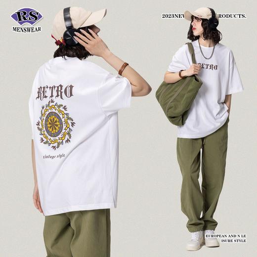 RS男装|2023春夏270g重磅哥特图腾印花短袖复古欧美休闲潮牌T恤男 商品图0