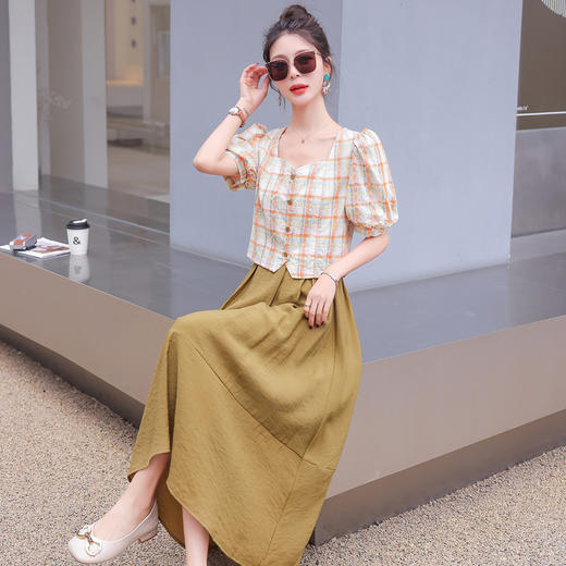 舒适棉麻，格子刺绣泡泡袖方领短袖上衣+纯色半裙套装HR-NSYY2306-5 商品图6