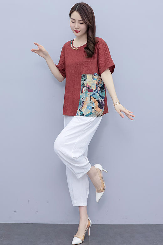 现货时尚套装，女夏装新款气质修身休闲洋气印花垂感裤两件套HR-SLF8137-1-1 商品图7