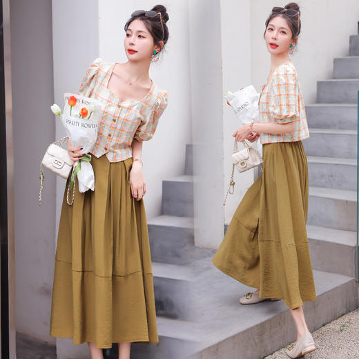 舒适棉麻，格子刺绣泡泡袖方领短袖上衣+纯色半裙套装HR-NSYY2306-5 商品图0