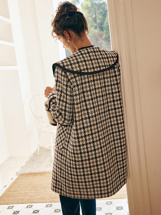 OLrain欧芮儿法式格纹外套女秋冬2022新款复古撞色粗花呢中长大衣 商品图2