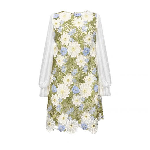 花卉水溶蕾丝钉珠泡泡袖连衣裙 商品图3