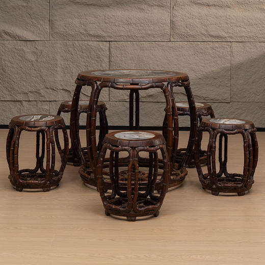 清 红木镶云石竹节工圆台鼓凳成套（一桌五凳） 商品图0