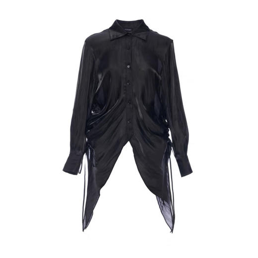 不规则抽绳下摆水光亮纱黑色防晒衬衫 商品图0