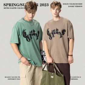 RS男装|2023夏季重磅复古水洗做旧oversize高街潮牌宽松短袖t恤男