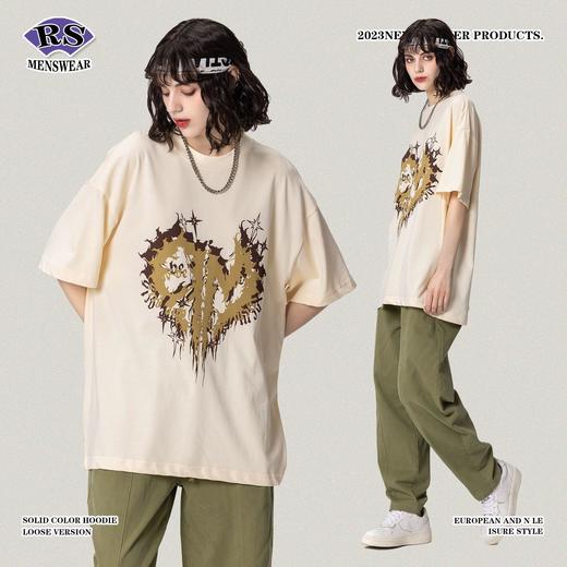 RS男装|2023夏季重磅230g爱心绒面印花短袖新款美式街头潮牌T恤男 商品图4