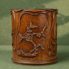 清 红木花卉纹花口笔筒