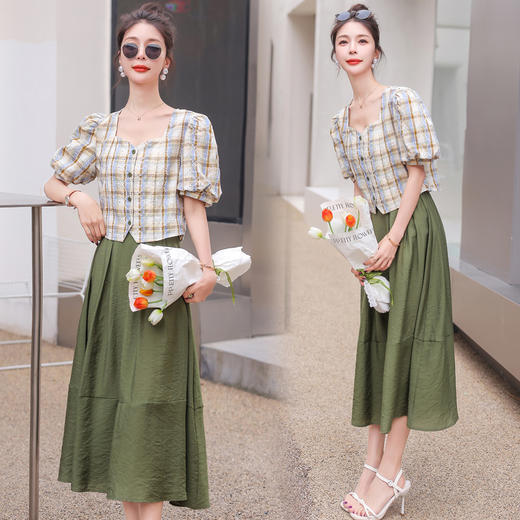 舒适棉麻，格子刺绣泡泡袖方领短袖上衣+纯色半裙套装HR-NSYY2306-5 商品图3