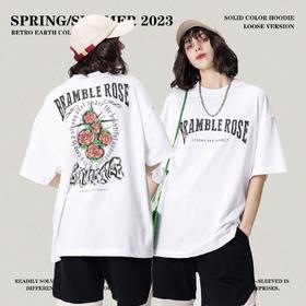 RS男装|2023春夏230g字母玫瑰数码印花短袖欧美街头复古潮牌T恤男