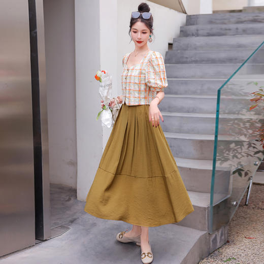 舒适棉麻，格子刺绣泡泡袖方领短袖上衣+纯色半裙套装HR-NSYY2306-5 商品图8