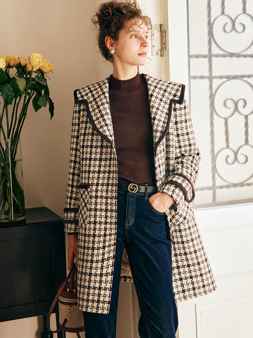 OLrain欧芮儿法式格纹外套女秋冬2022新款复古撞色粗花呢中长大衣 商品图0