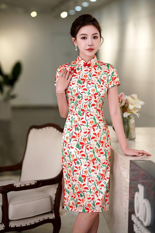 精品真丝中长旗袍绣花旗袍QH-214-7 商品图1