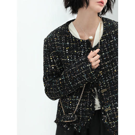 COCOBELLA轻奢名媛小香风粗花呢外套女通勤毛边裸领西装WL913 商品图1