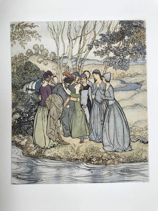 鬼才拉克姆限量签名本！1919年 英国民谣集 16幅彩色手工贴图与多幅黑白文间插图 犊皮（vellum）脊精装大16开 商品图11