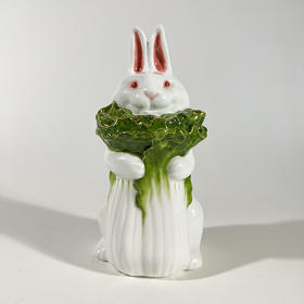 财禄满怀不仁斋釉下彩手绘拜佛兔立耳兔筷子架办厅桌面创意摆件