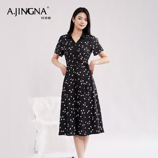 【特价款不退不换】阿菁娜高腰小蝴蝶印花优雅灵动桑蚕丝衬衫式连衣裙A27X112156 商品图4