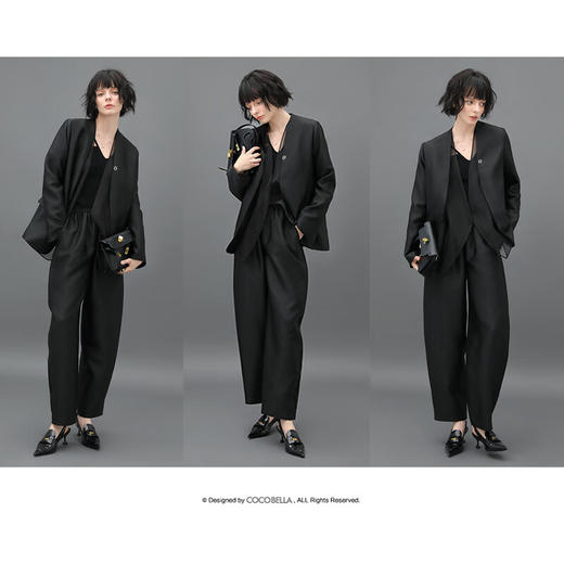 COCOBELLA职场通勤廓形黑色西裤女丝光质感宽松烟管裤PA547 商品图2