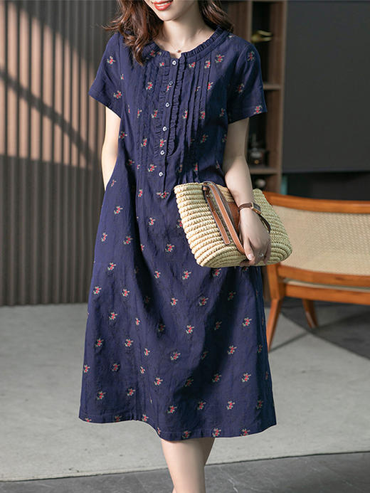 YX【现货7天】棉麻碎花连衣裙女2023夏季新款复古气质温柔风中长款裙子 商品图3