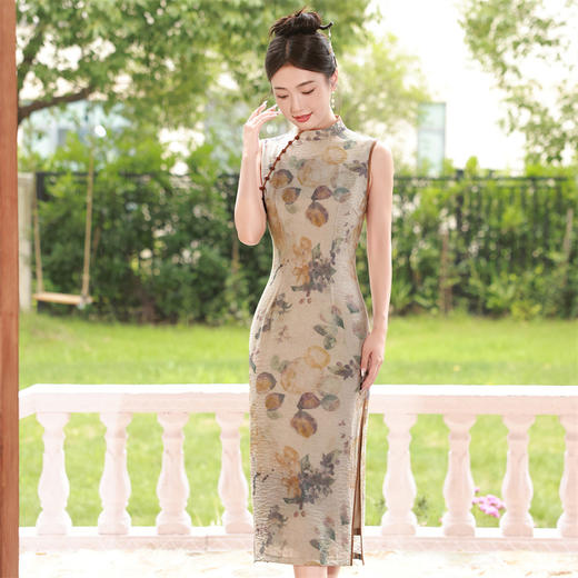 仿苎麻中长款双层改良少女旗袍连衣裙SJT-365 商品图0