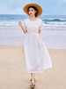 HM-S349夏季新款短袖苎麻法式飘逸花边文艺旅行方领系带白色度假风连衣裙 商品缩略图0