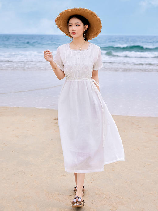 HM-S349夏季新款短袖苎麻法式飘逸花边文艺旅行方领系带白色度假风连衣裙 商品图0
