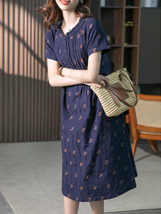 YX【现货7天】棉麻碎花连衣裙女2023夏季新款复古气质温柔风中长款裙子 商品图4