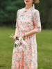 HM-S345夏季新款苎麻碎花连衣裙改良式旗袍领文艺田园风树叶印花 商品缩略图2
