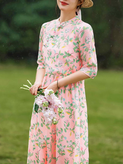 HM-S345夏季新款苎麻碎花连衣裙改良式旗袍领文艺田园风树叶印花 商品图2