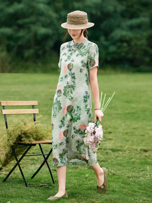 HM-S351苎麻印花改良式旗袍裙立领 夏季新款短袖文艺复古竹子花色连衣裙 商品图1