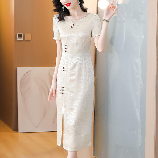 改良新中式醋酸旗袍连衣裙复古优雅开叉长裙AHM-ylxz1859 商品图2