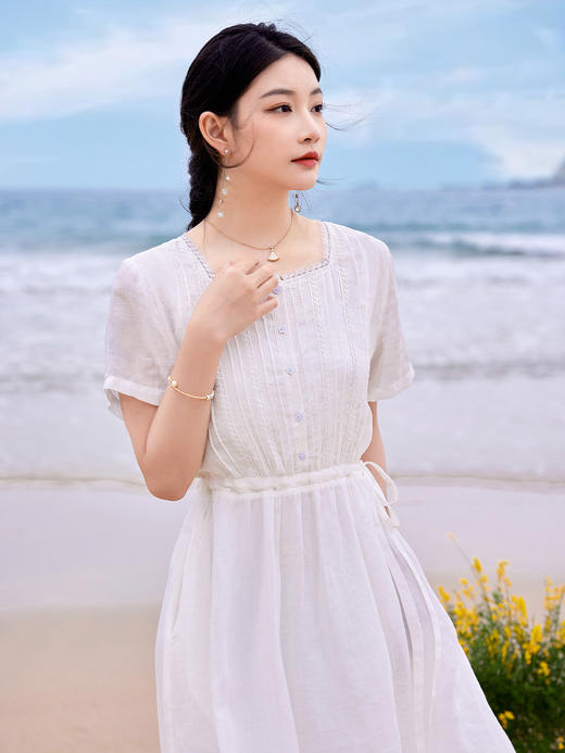 HM-S349夏季新款短袖苎麻法式飘逸花边文艺旅行方领系带白色度假风连衣裙 商品图3