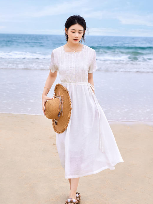 HM-S349夏季新款短袖苎麻法式飘逸花边文艺旅行方领系带白色度假风连衣裙 商品图2