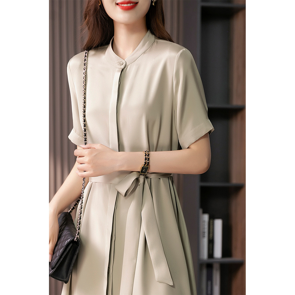 YX【定制12天】真丝桑蚕丝衬衫连衣裙女2023夏季新款优雅减龄系带显瘦长裙子