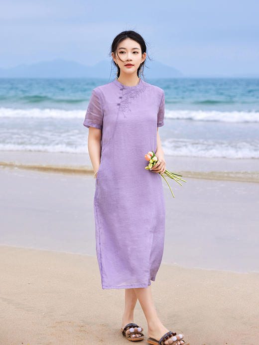 HM-C021夏季文艺绣花改良旗袍国风复古苎麻刺绣立领短袖连衣裙侧开叉 商品图2