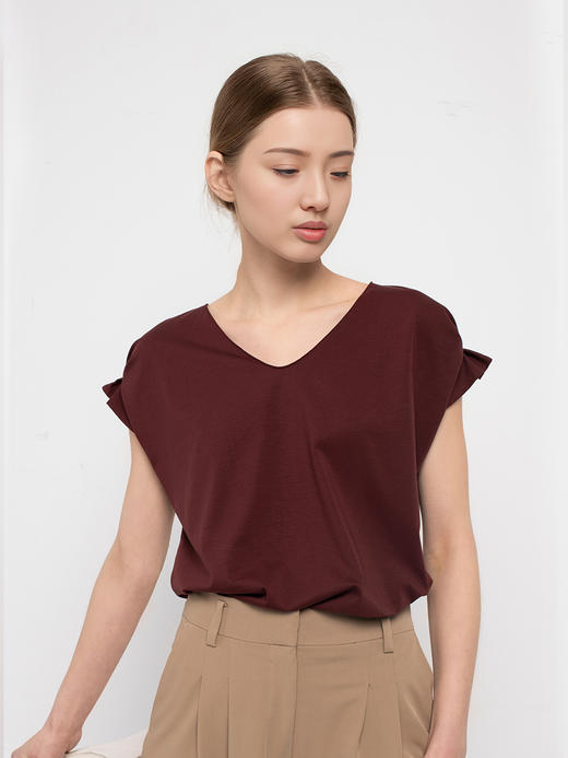 【特价清仓】女士丝光棉褶皱袖口V领T恤 商品图5