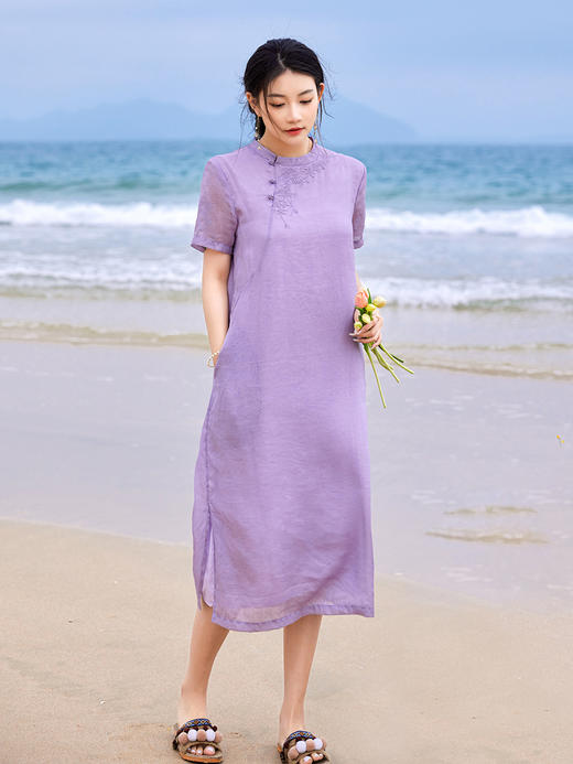 HM-C021夏季文艺绣花改良旗袍国风复古苎麻刺绣立领短袖连衣裙侧开叉 商品图0