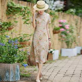 中国风苎麻改良旗袍印桃花小个子文艺复古连衣裙S195-2