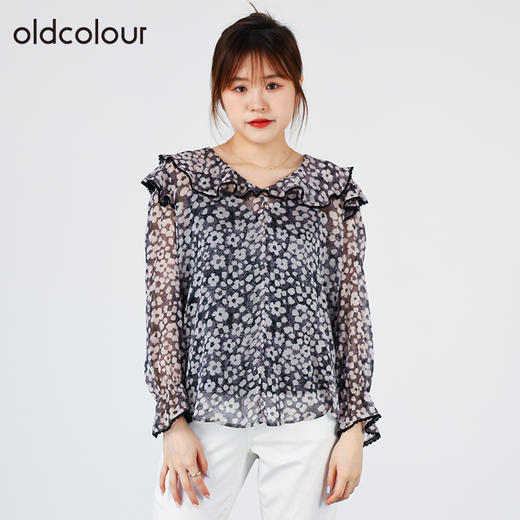 oldcolour春秋商场同款法式V领荷叶边复古碎花衬衫O31013143 商品图1