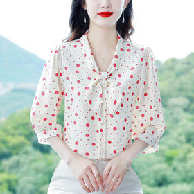 波点仿真丝衬衫七分袖蝴蝶结洋气雪纺衫K-E261N2246