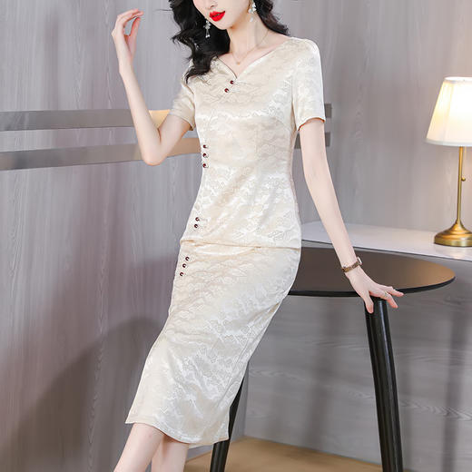 改良新中式醋酸旗袍连衣裙复古优雅开叉长裙AHM-ylxz1859 商品图3