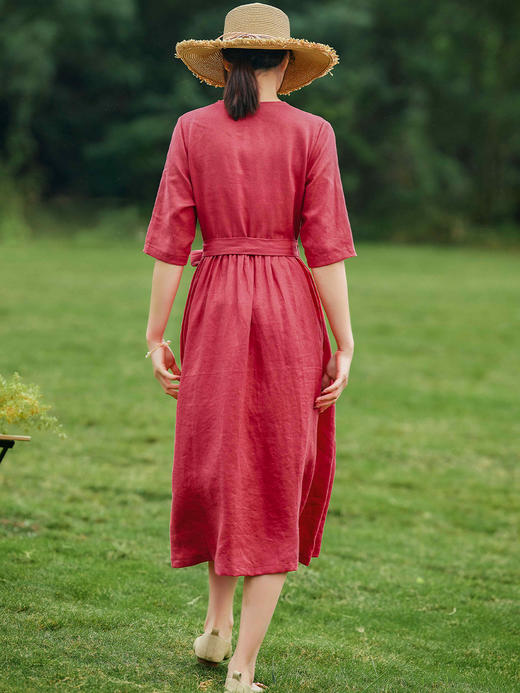 HM-C003春季新款 红色复古亚麻连衣裙原创刺绣花朵V领中袖优雅长裙子 商品图3