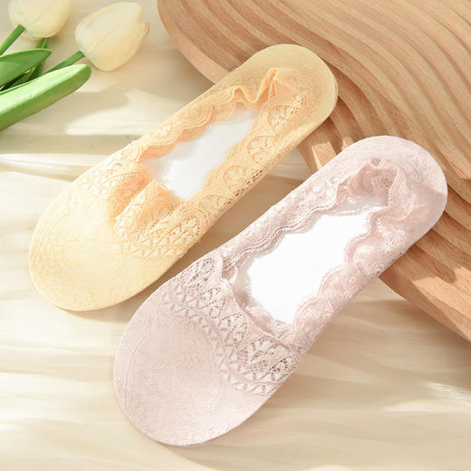洁丽雅5双装女士船袜蕾丝边隐形硅胶防滑不掉跟棉底短袜隐形袜女 商品图2