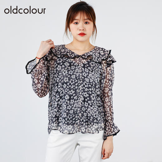 oldcolour春秋商场同款法式V领荷叶边复古碎花衬衫O31013143 商品图2