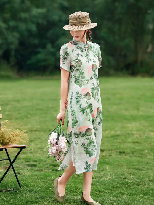 HM-S351苎麻印花改良式旗袍裙立领 夏季新款短袖文艺复古竹子花色连衣裙 商品图2