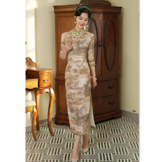 GX老上海复古民族风长款中袖旗袍2023秋冬新款改良中式古风宴会旗袍 商品图3