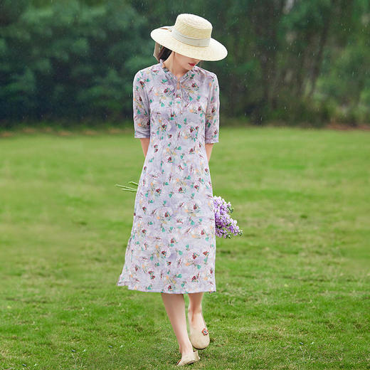 HM-S344小个子文艺旗袍裙夏改良式温柔风连衣裙苎麻印花侧开叉中长裙 商品图0