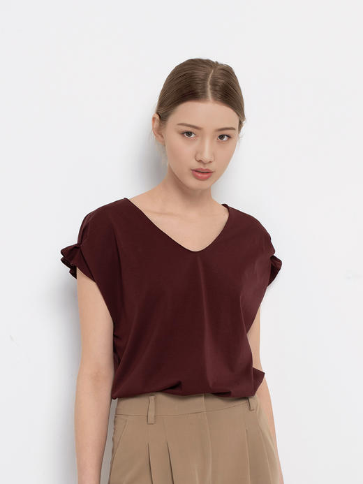 【特价清仓】女士丝光棉褶皱袖口V领T恤 商品图0