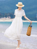 HM-S386白色法式苎麻连衣裙文艺蕾丝拼接绣花圆领纯色短袖A字裙 夏季新款 商品缩略图1